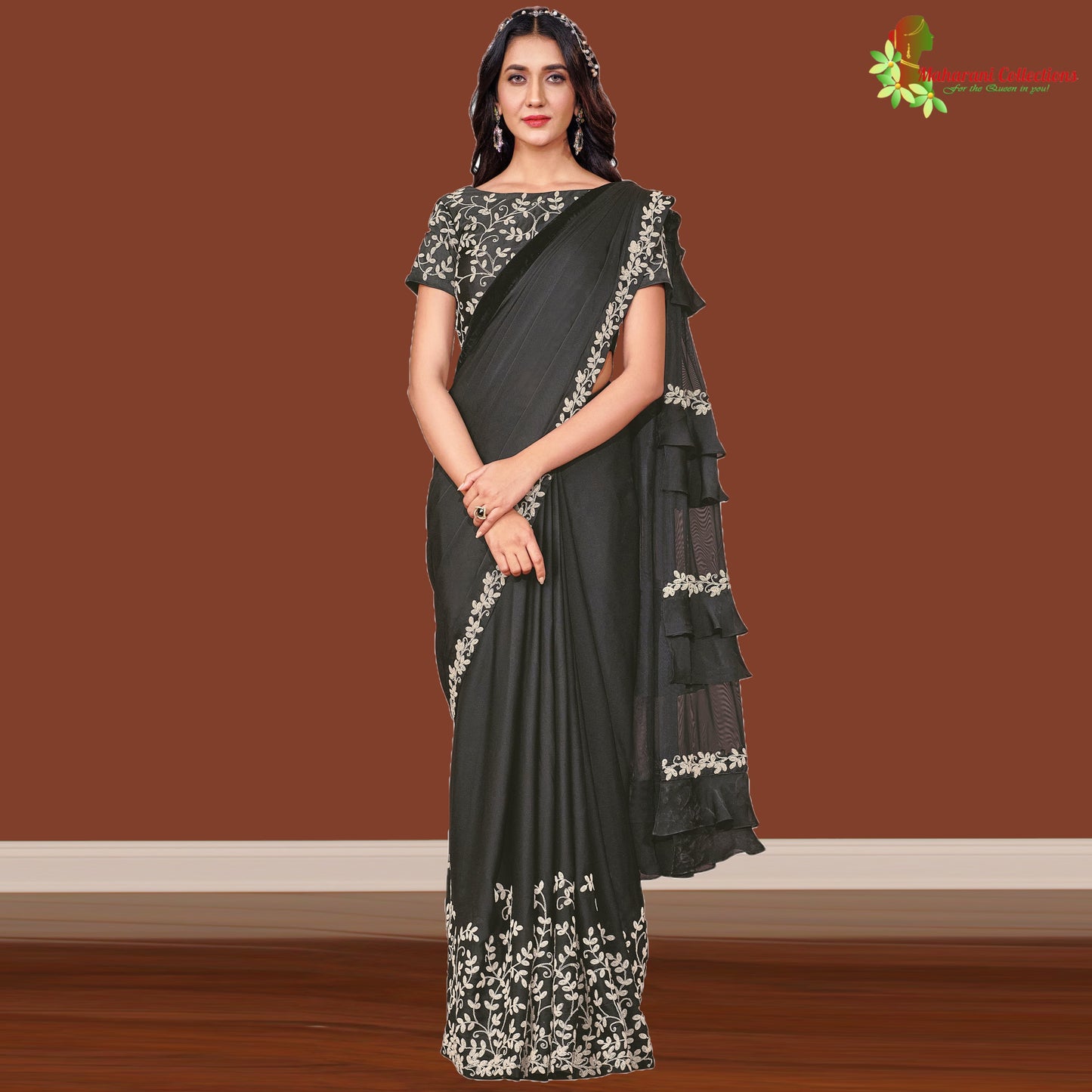 Maharani's Party Wear Stitched Designer Saree - Black (with stitched Blouse & Petticoat)