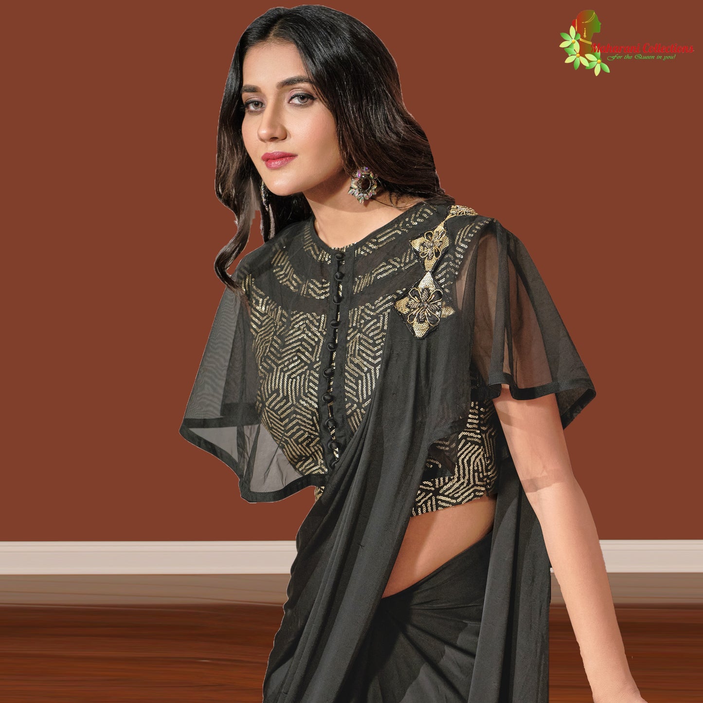 Maharani's Party Wear Stitched Designer Saree - Black (with stitched Blouse & Petticoat)