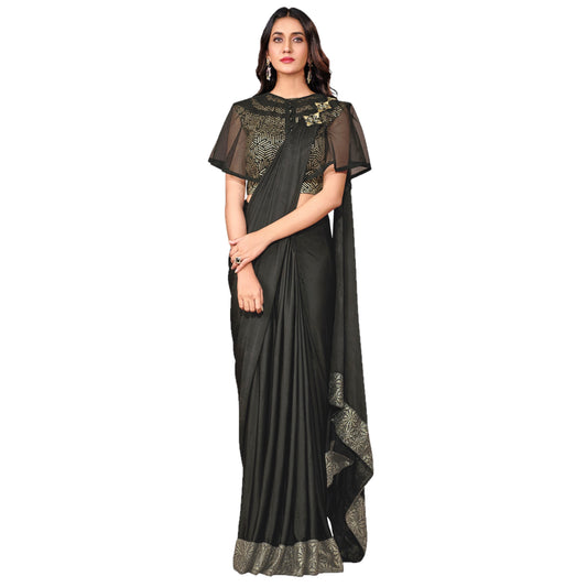 Maharani's Party Wear Stitched Designer Saree - Black (with stitched Blouse & Petticoat)