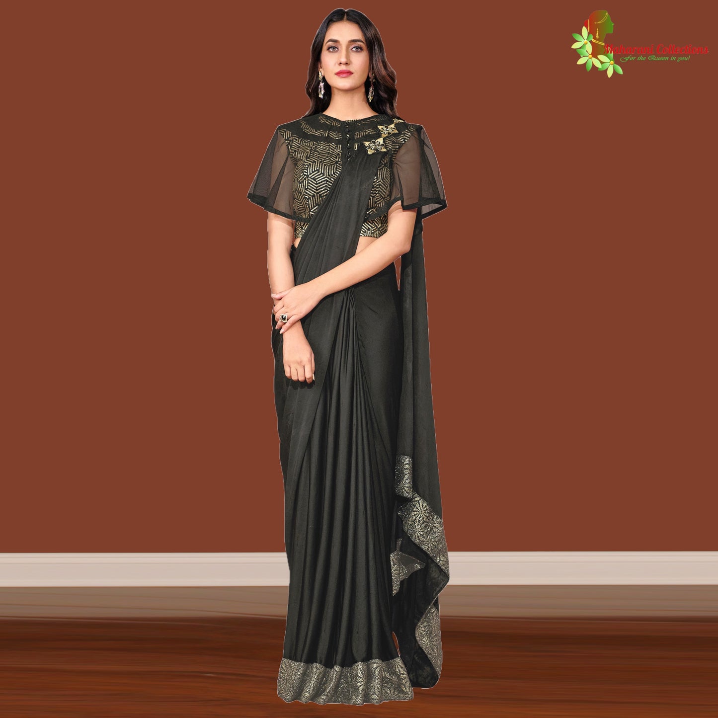 Maharani's Party Wear Stitched Designer Saree - Black (with stitched Blouse & Petticoat)