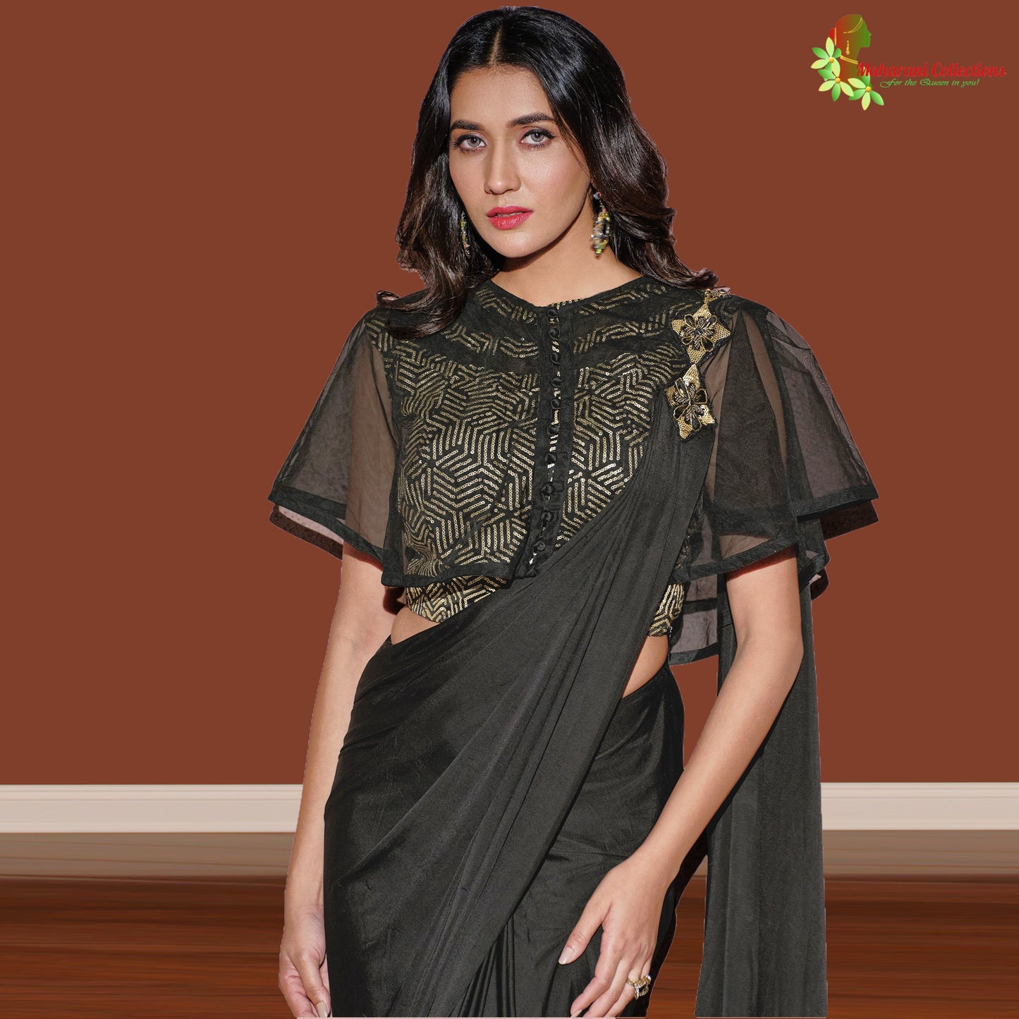 Maharani's Party Wear Stitched Designer Saree - Black (with stitched Blouse & Petticoat)