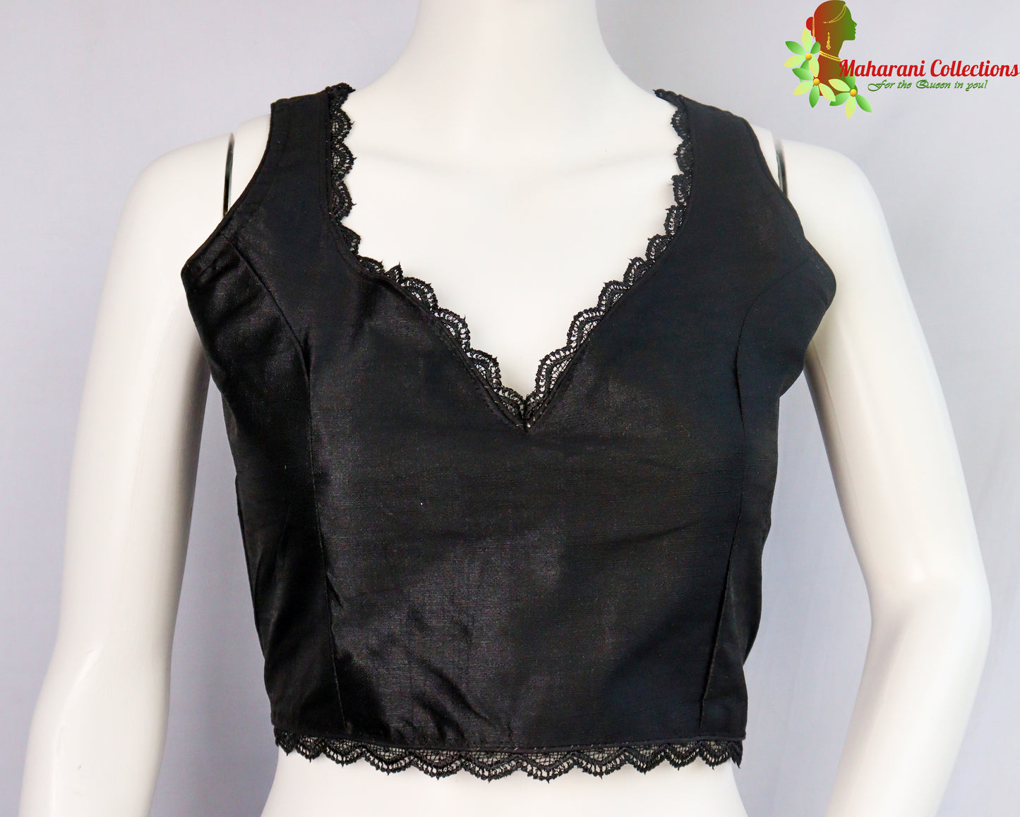 Maharani's Linen Silk Lace Blouse - Black