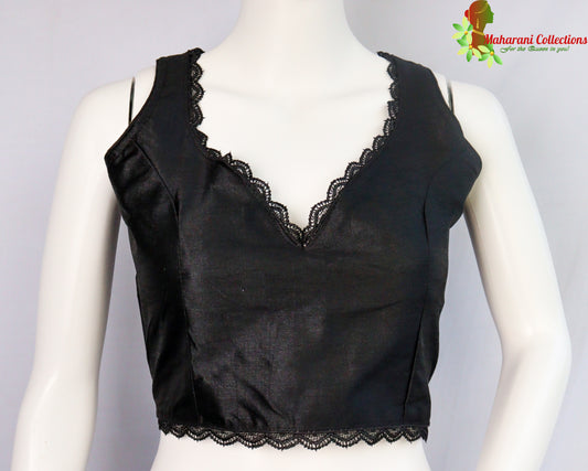 Maharani's Linen Silk Lace Blouse - Black