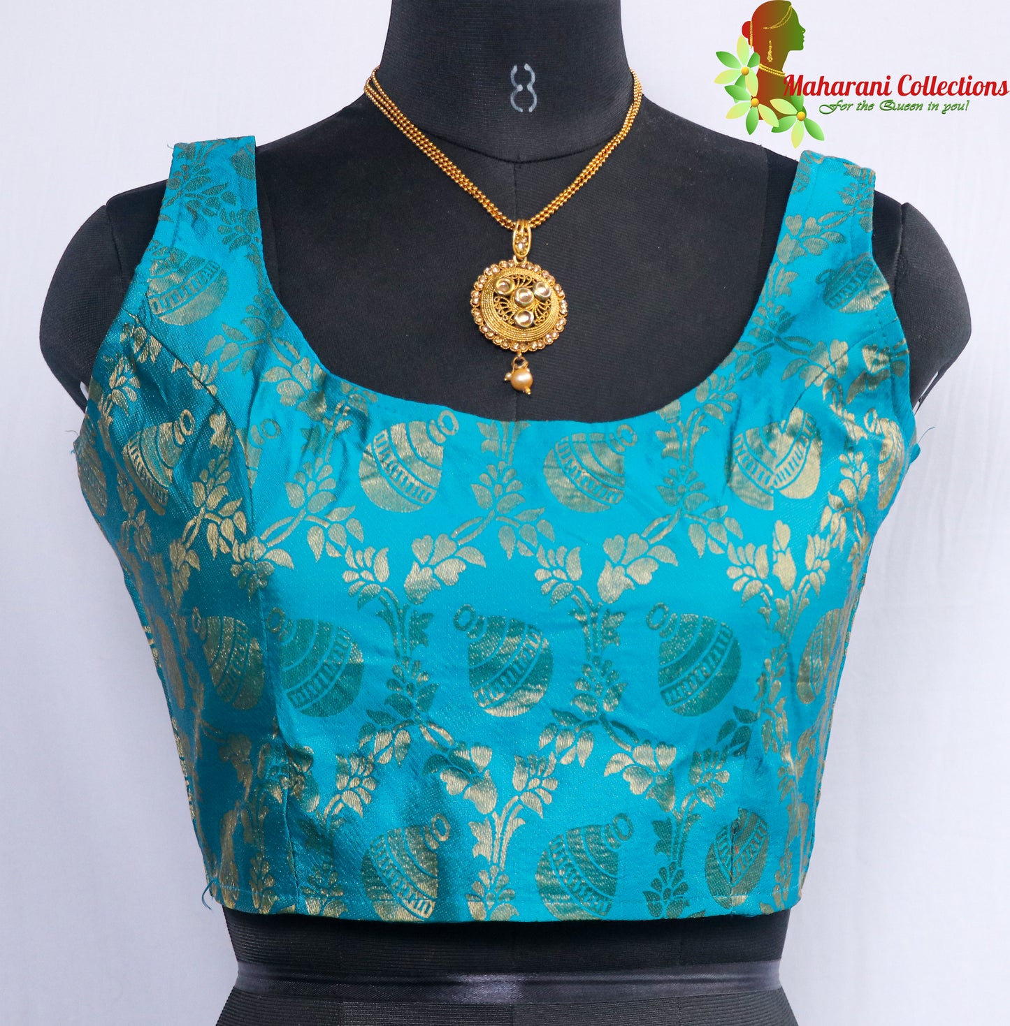 Maharani's Linen Silk Banarasi Brocade Blouse - Turquoise Blue