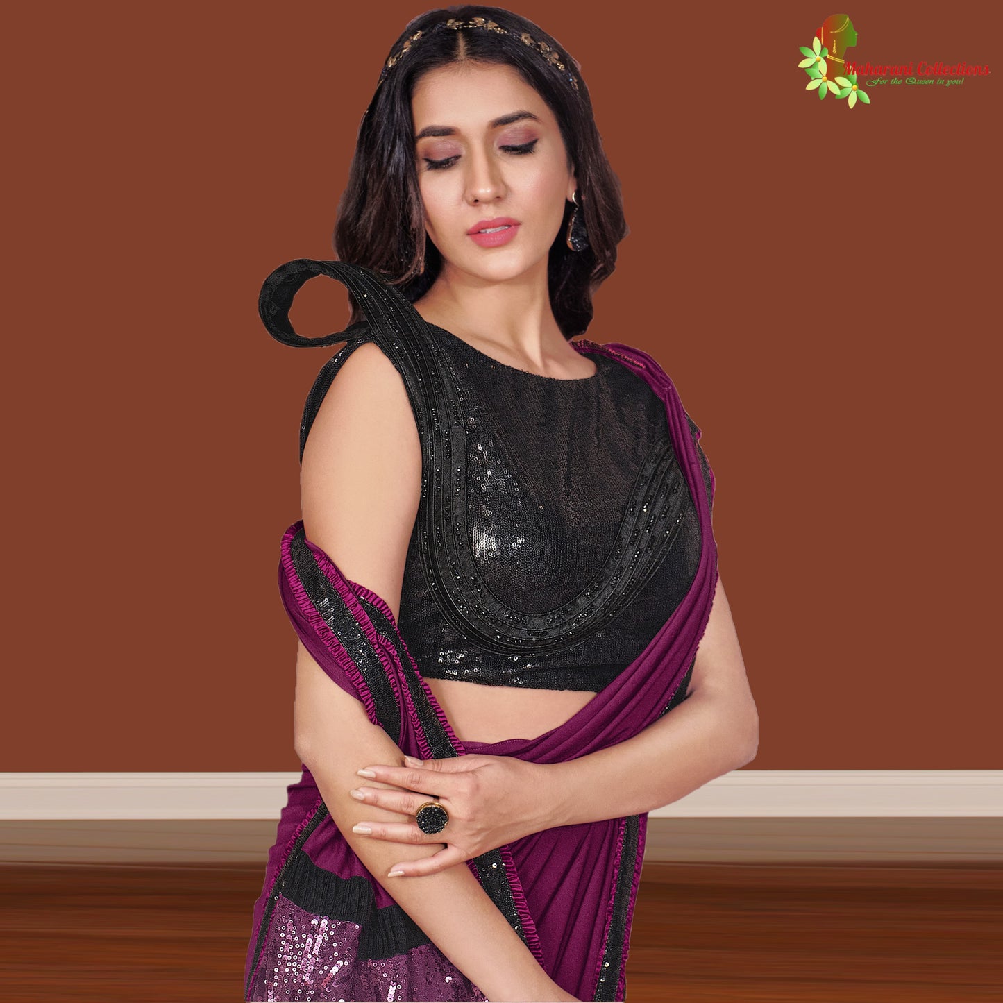 Maharani's Party Wear Stitched Designer Saree - Wine (with stitched Blouse & Petticoat)
