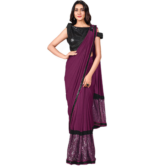 Maharani's Party Wear Stitched Designer Saree - Wine (with stitched Blouse & Petticoat)