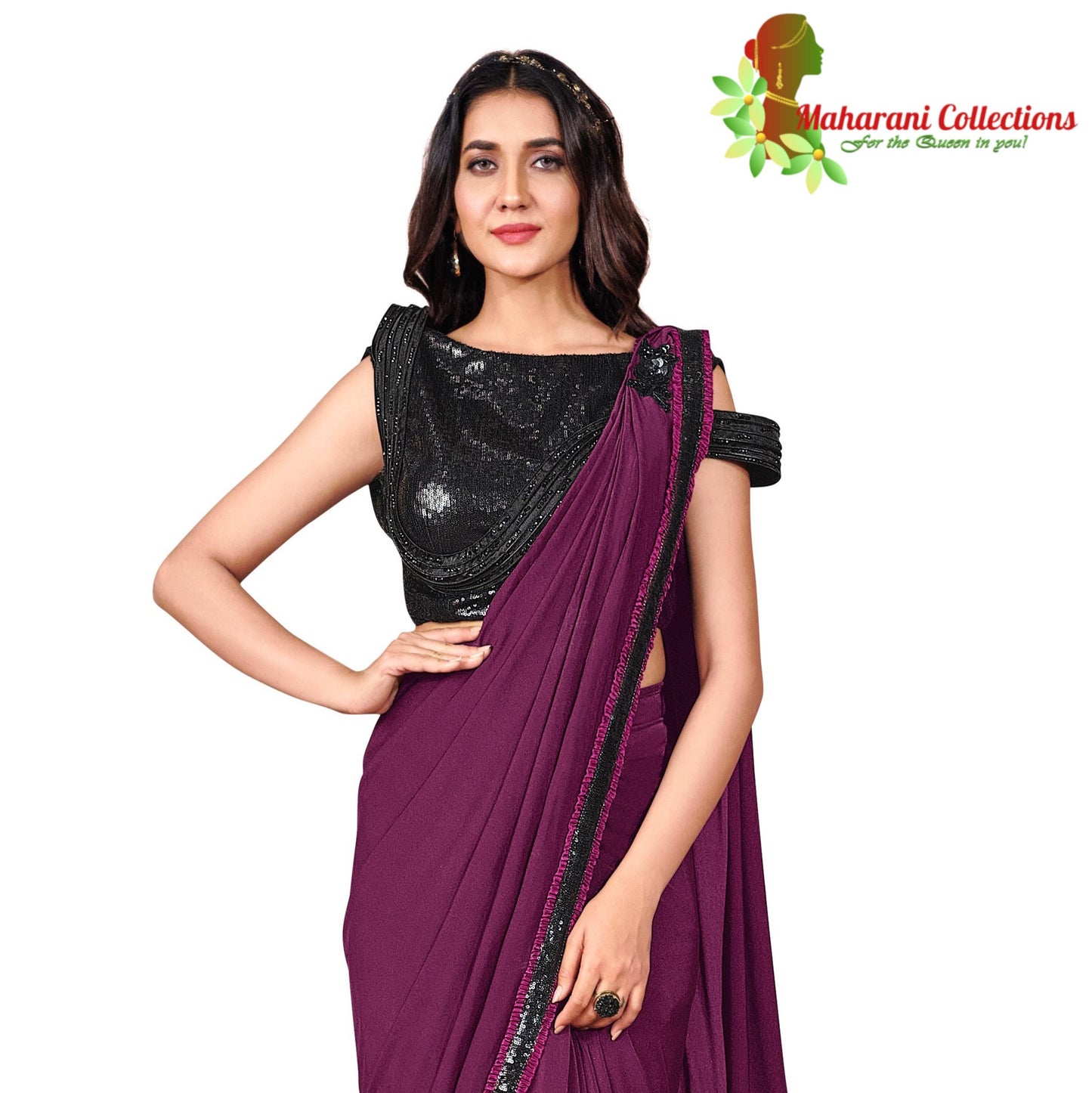 Maharani's Party Wear Stitched Designer Saree - Wine (with stitched Blouse & Petticoat)