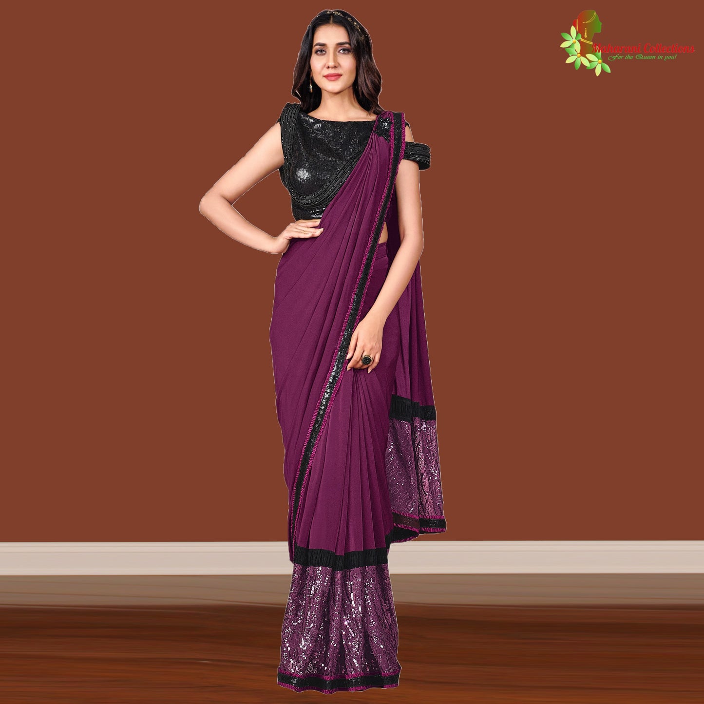 Maharani's Party Wear Stitched Designer Saree - Wine (with stitched Blouse & Petticoat)