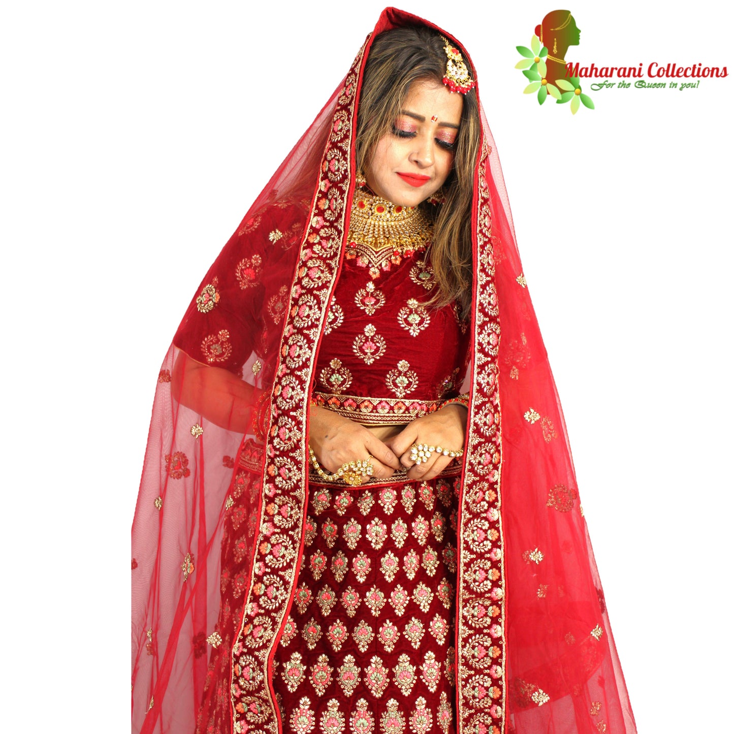 Maharani's Designer Bridal Lehenga - Dark Wine in Velvet (XL)