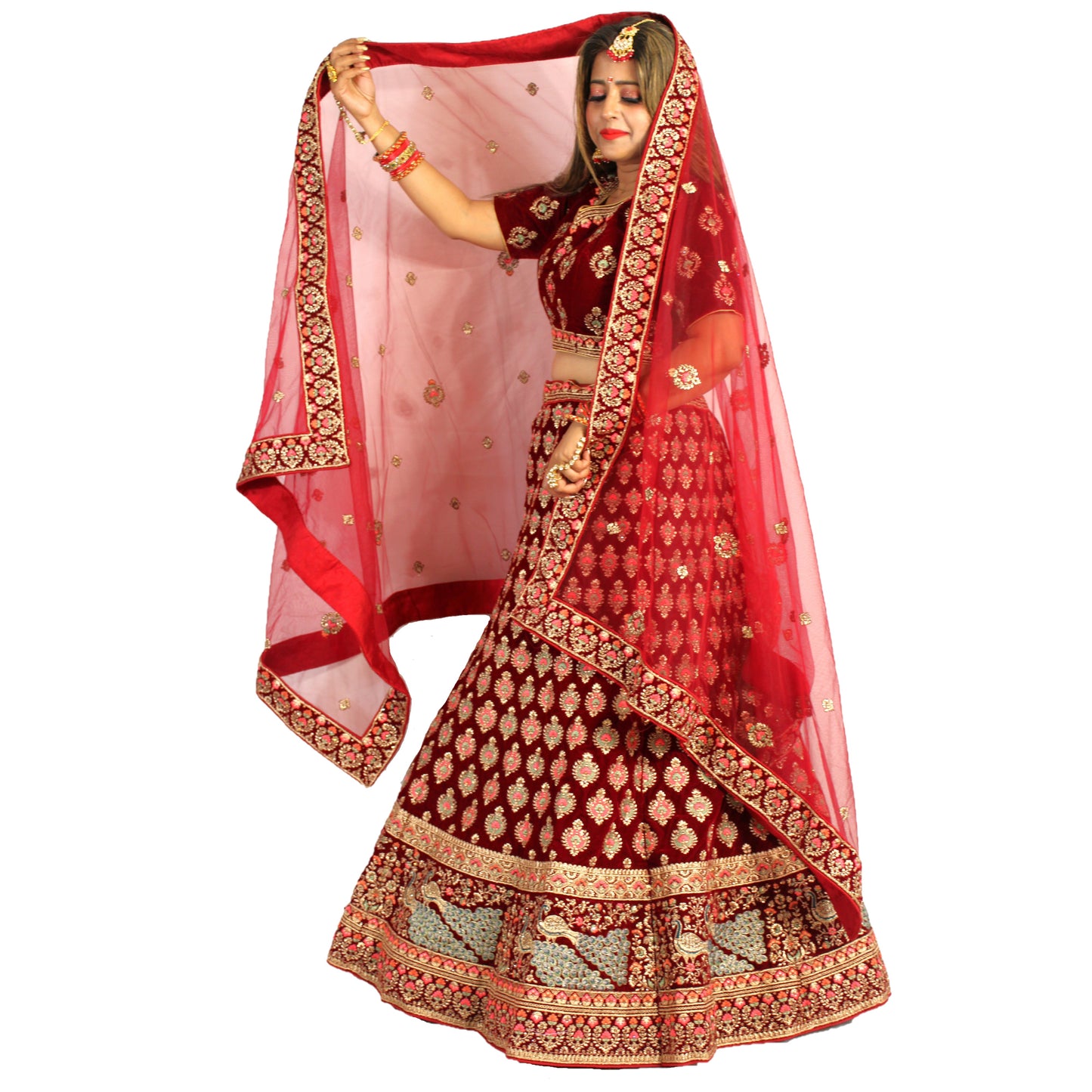 Maharani's Designer Bridal Lehenga - Dark Wine in Velvet (XL)