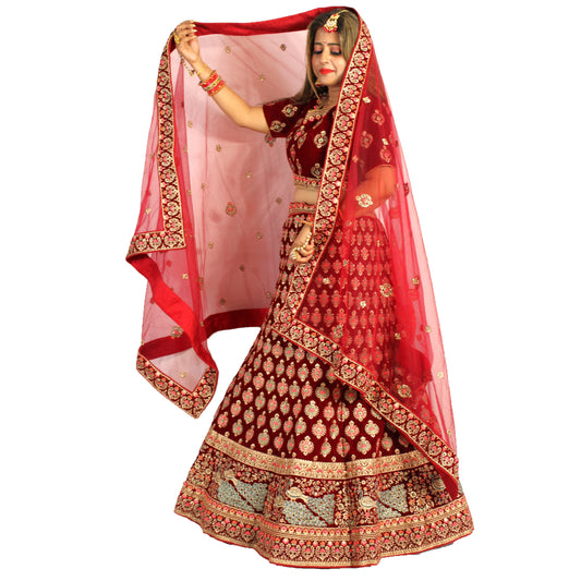Maharani's Designer Bridal Lehenga - Dark Wine in Velvet (XL)