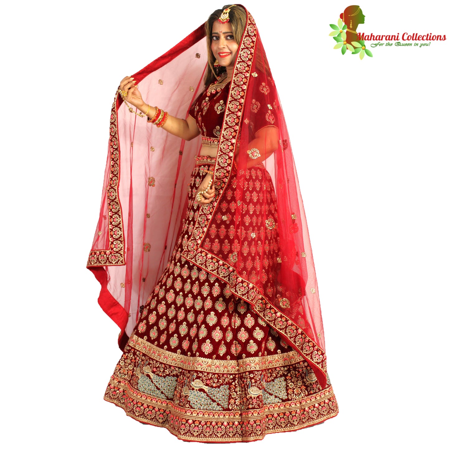 Maharani's Designer Bridal Lehenga - Dark Wine in Velvet (XL)