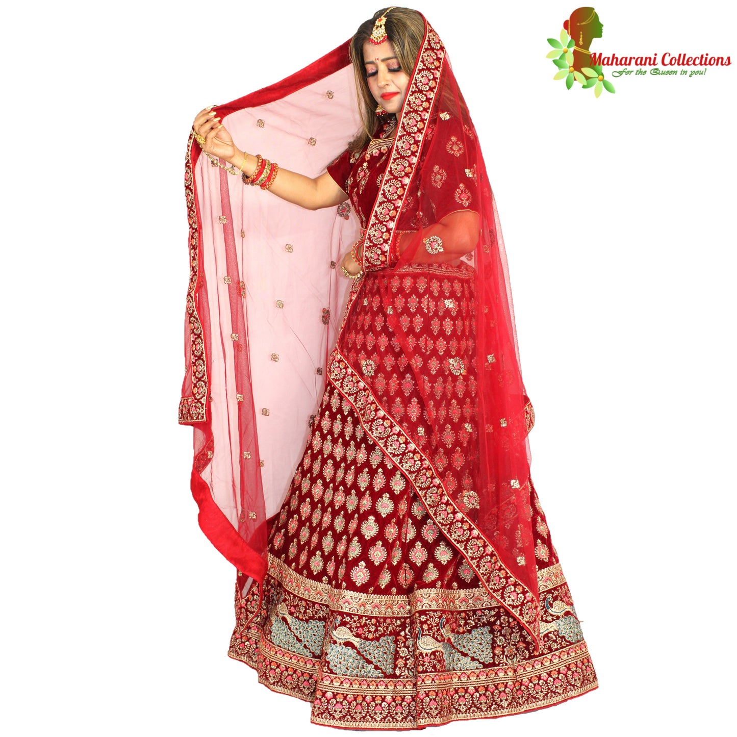 Maharani's Designer Bridal Lehenga - Dark Wine in Velvet (XL)