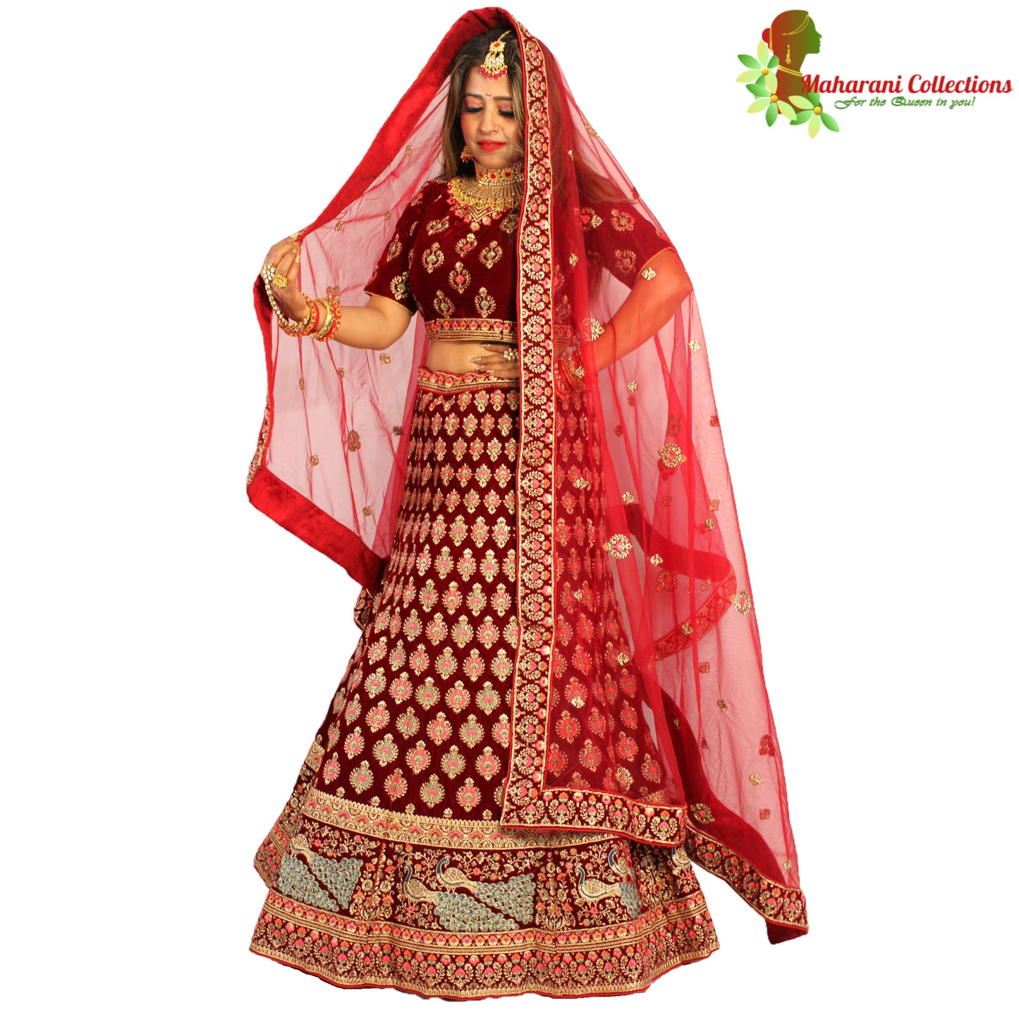 Maharani's Designer Bridal Lehenga - Dark Wine in Velvet (XL)