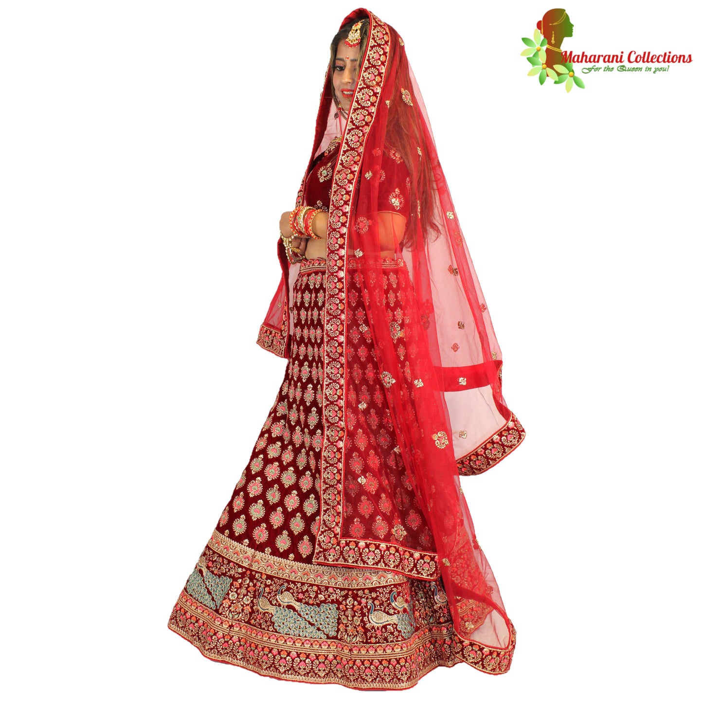 Maharani's Designer Bridal Lehenga - Dark Wine in Velvet (XL)