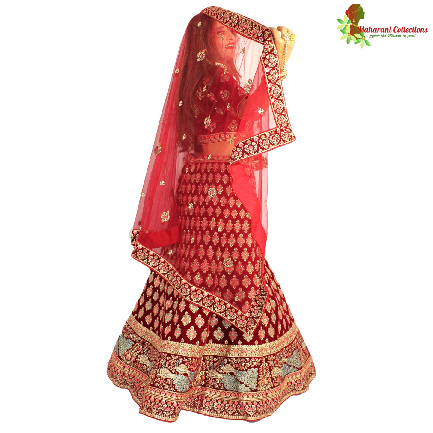 Maharani's Designer Bridal Lehenga - Dark Wine in Velvet (XL)