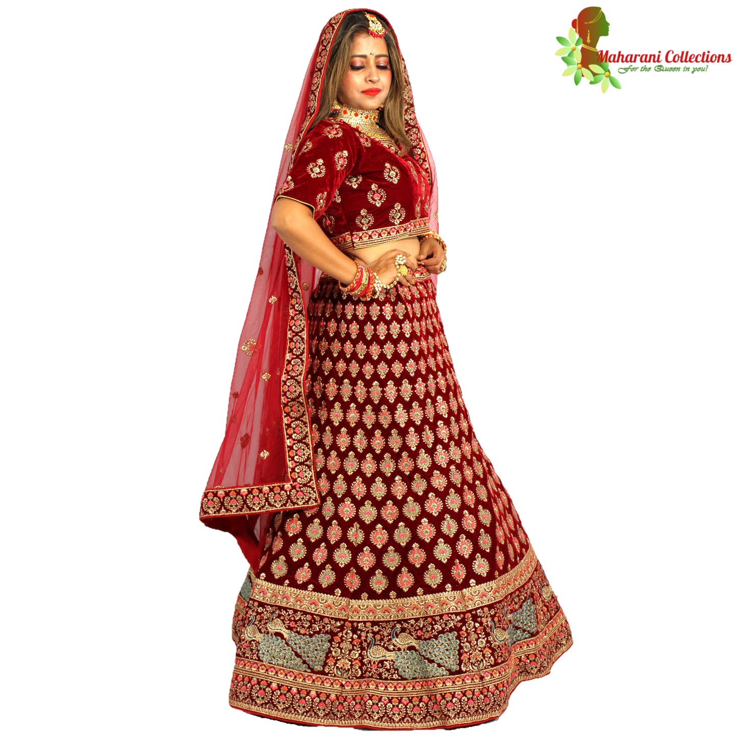 Maharani's Designer Bridal Lehenga - Dark Wine in Velvet (XL)