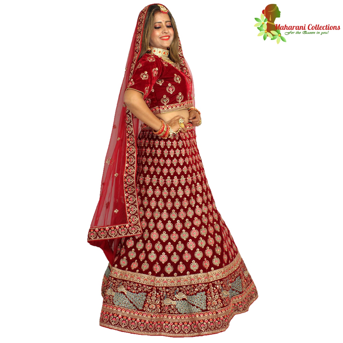 Maharani's Designer Bridal Lehenga - Dark Wine in Velvet (XL)