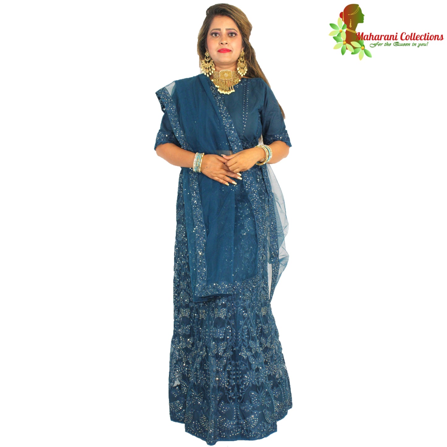 Maharani's Designer Silk & Net Lehenga - Turquoise Blue (M/L)