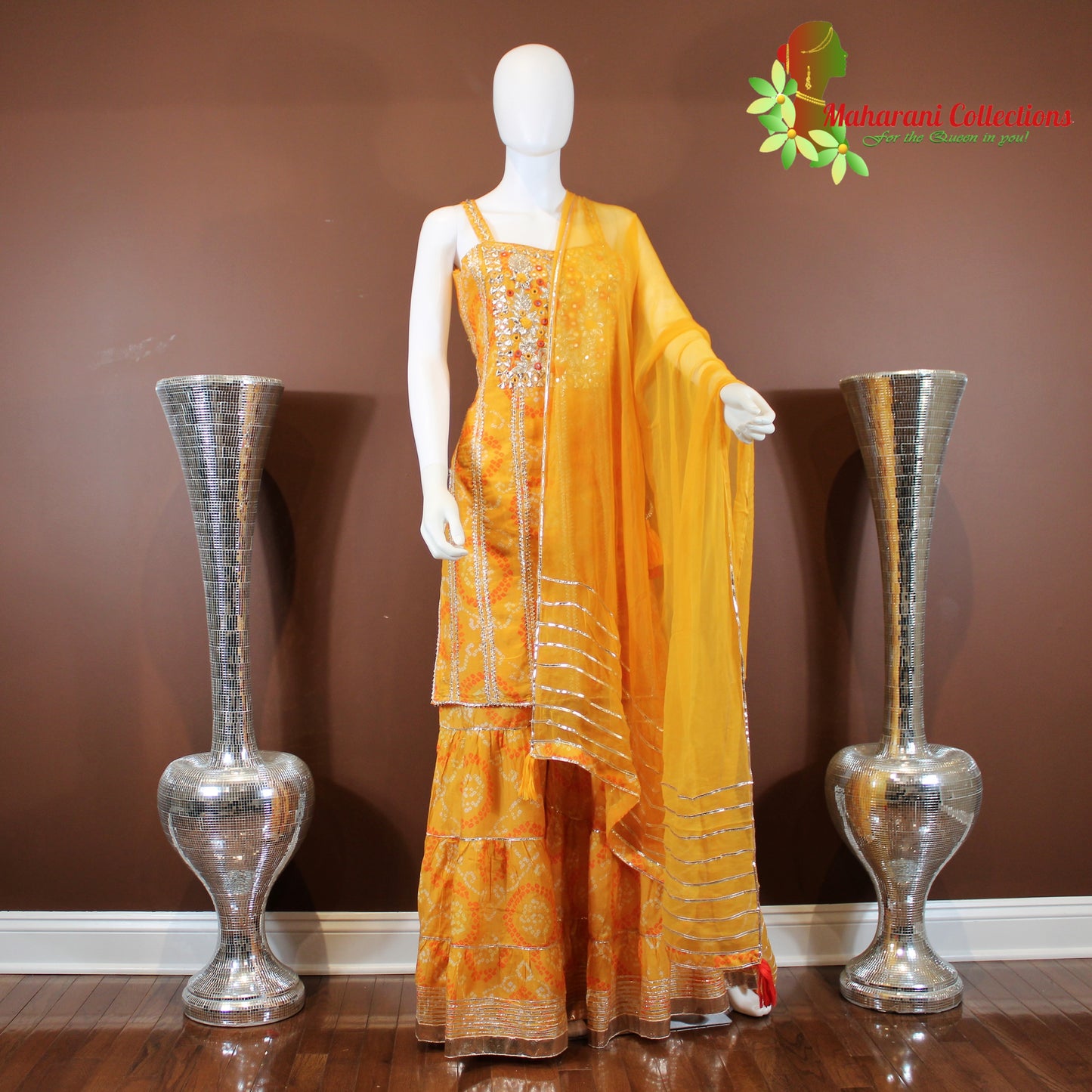 Maharani's Sharara Suit - Yellow (L) - Pure Muslin Silk