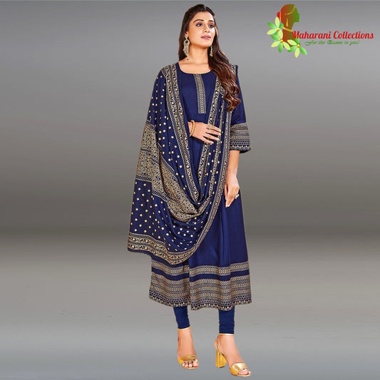 Maharani's Designer Anarkali Suit - Royal Blue (XL) - Muslin Silk