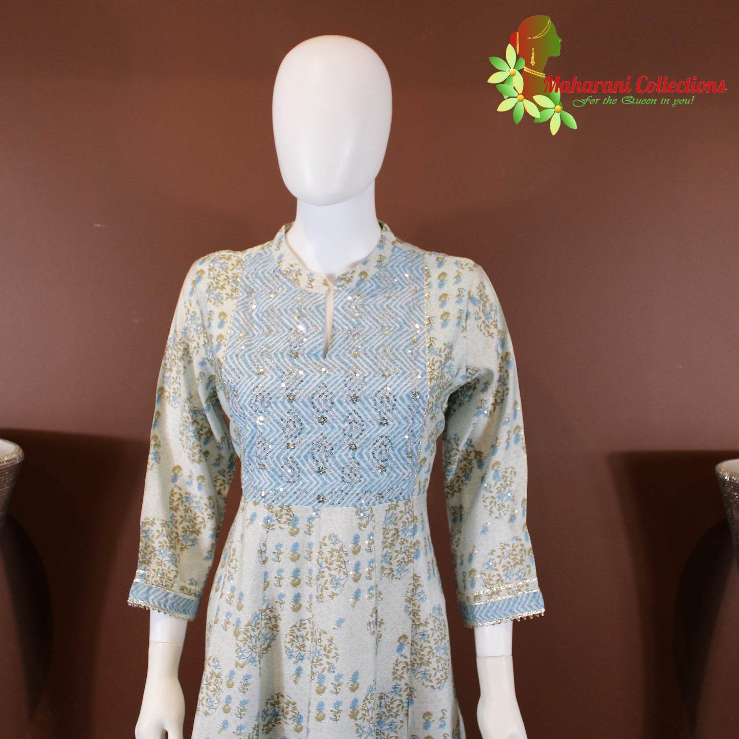 Maharani's Anarkali Suit - Light Blue (L) - Pure Muslin Silk