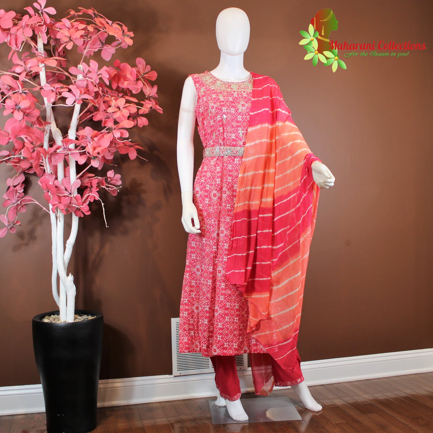 Maharani's Suit with Pants and Dupatta - Pink (L) - Pure Muslin Silk