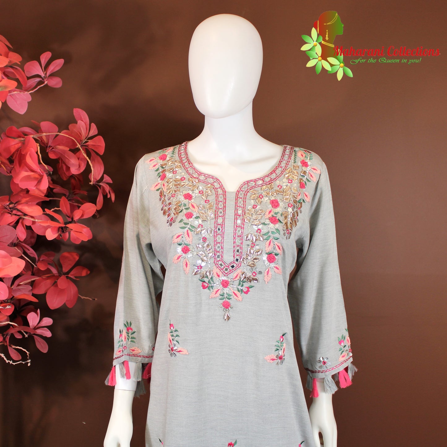 Maharani's Suit with Pants and Dupatta - Grey (L) - Pure Muslin Silk