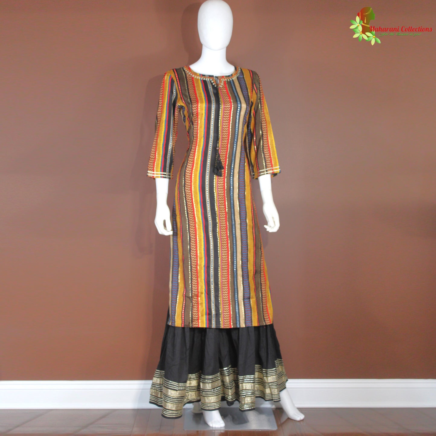 Maharani's Sharara Suit - Soft Silk - Black Multicolor (S, M, XL)