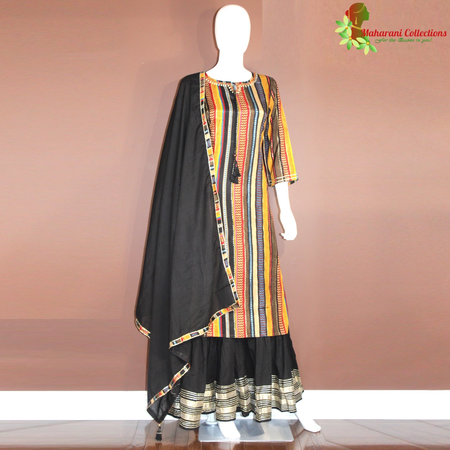 Maharani's Sharara Suit - Soft Silk - Black Multicolor (S, M, XL)