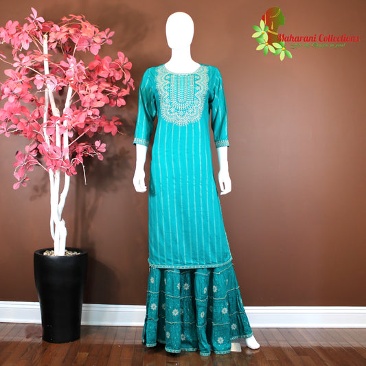 Maharani's Sharara Suit - Tiffany Blue (XL) - Pure Muslin Silk