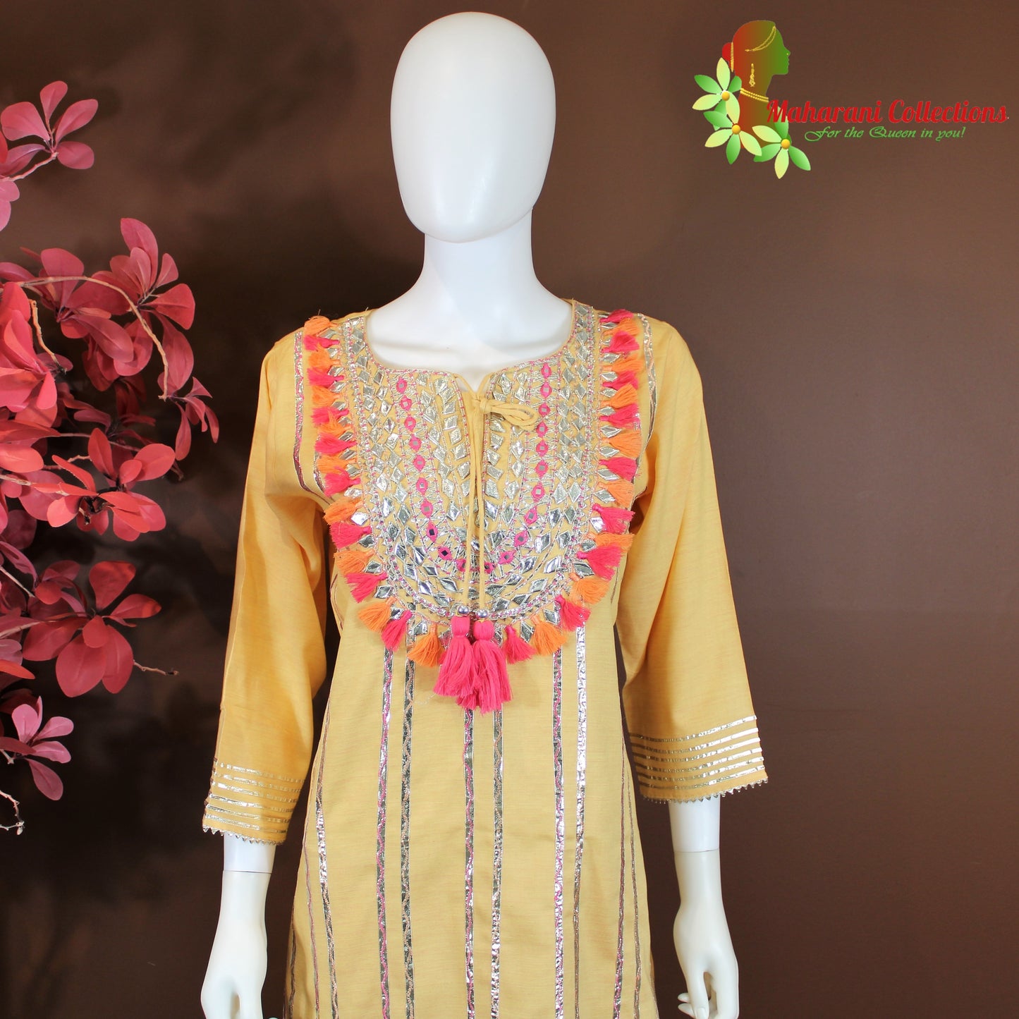 Maharani's Suit with Pants and Dupatta - Yellow (L) - Pure Muslin Silk
