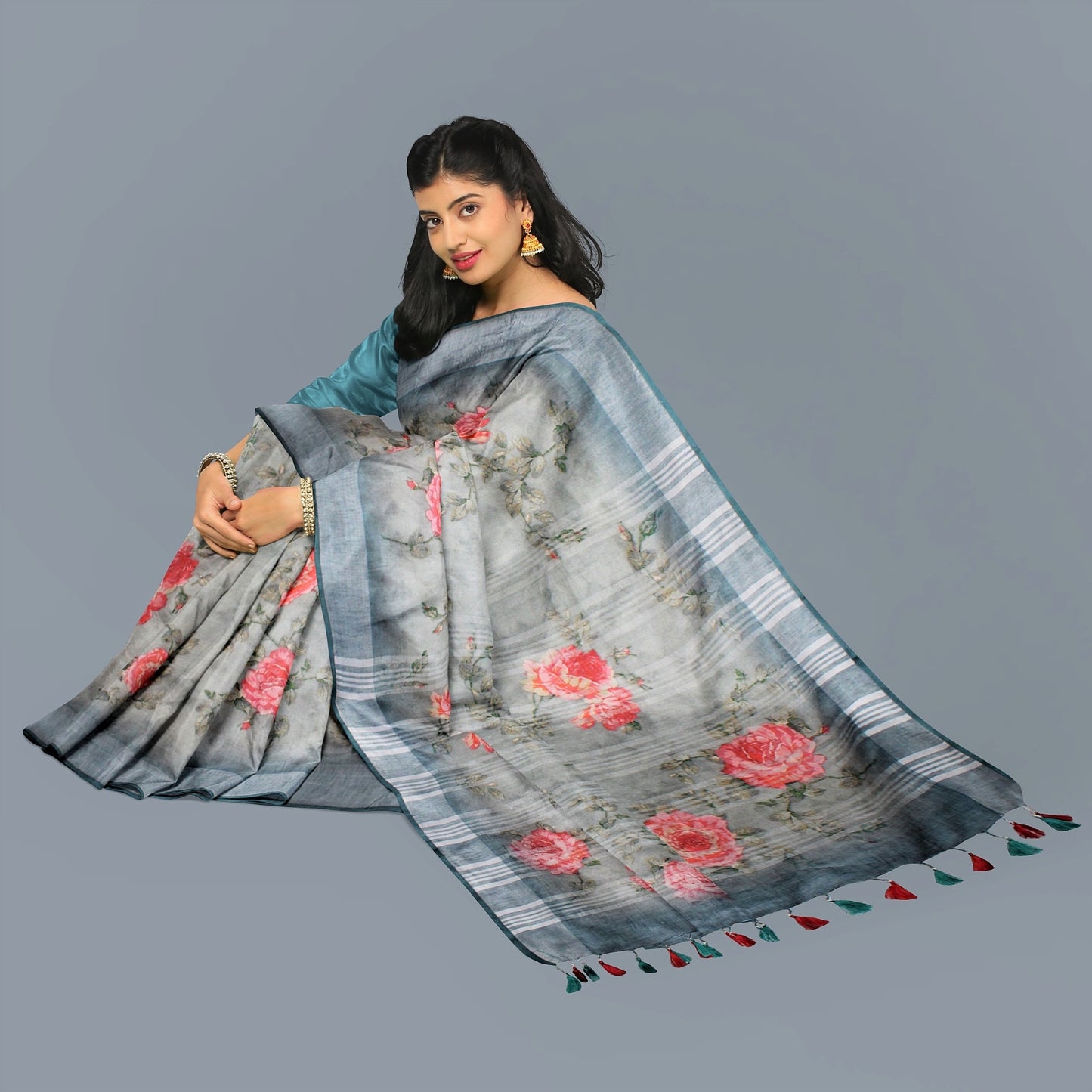 Pure Handloom Linen Silk (Matka) Saree - Dark Sea Green (with stitched blouse and petticoat)