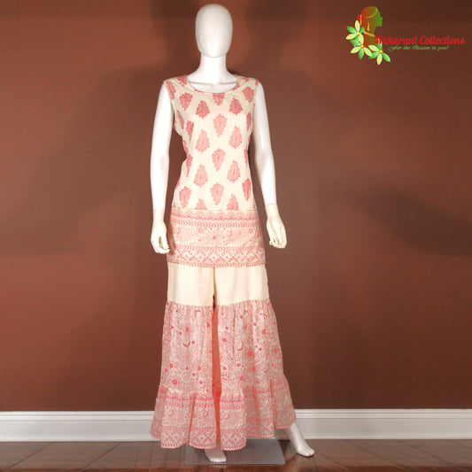 Maharani's Sharara Suit - Geogette - White and Pink (XS, S, M, L)
