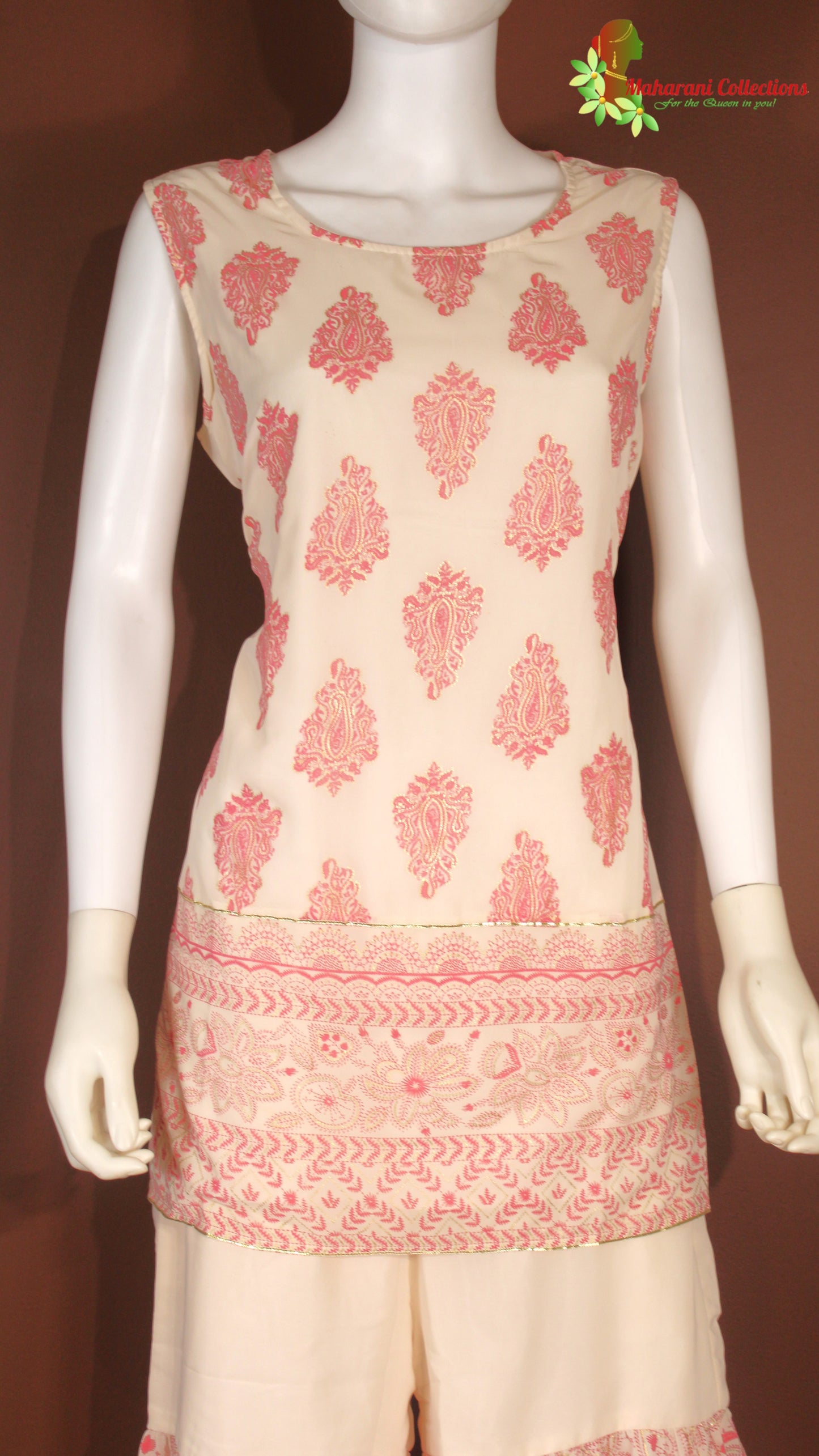 Maharani's Sharara Suit - Geogette - White and Pink (XS, S, M, L)