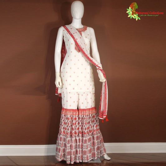 Maharani's Sharara Suit - Georgette - White and Maroon (XS, S, M, L)