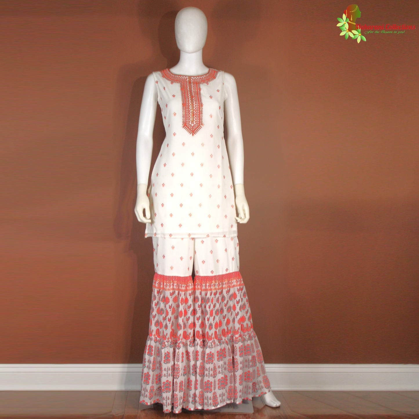 Maharani's Sharara Suit - Georgette - White and Maroon (XS, S, M, L)