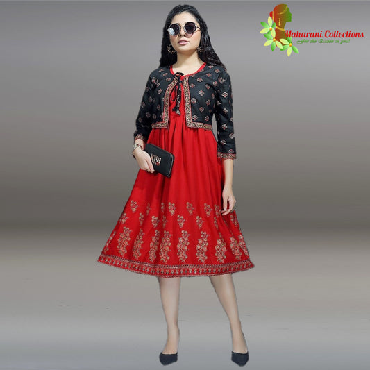 Maharani's Designer Short Dress - Red (M) - Rayon and Cotton