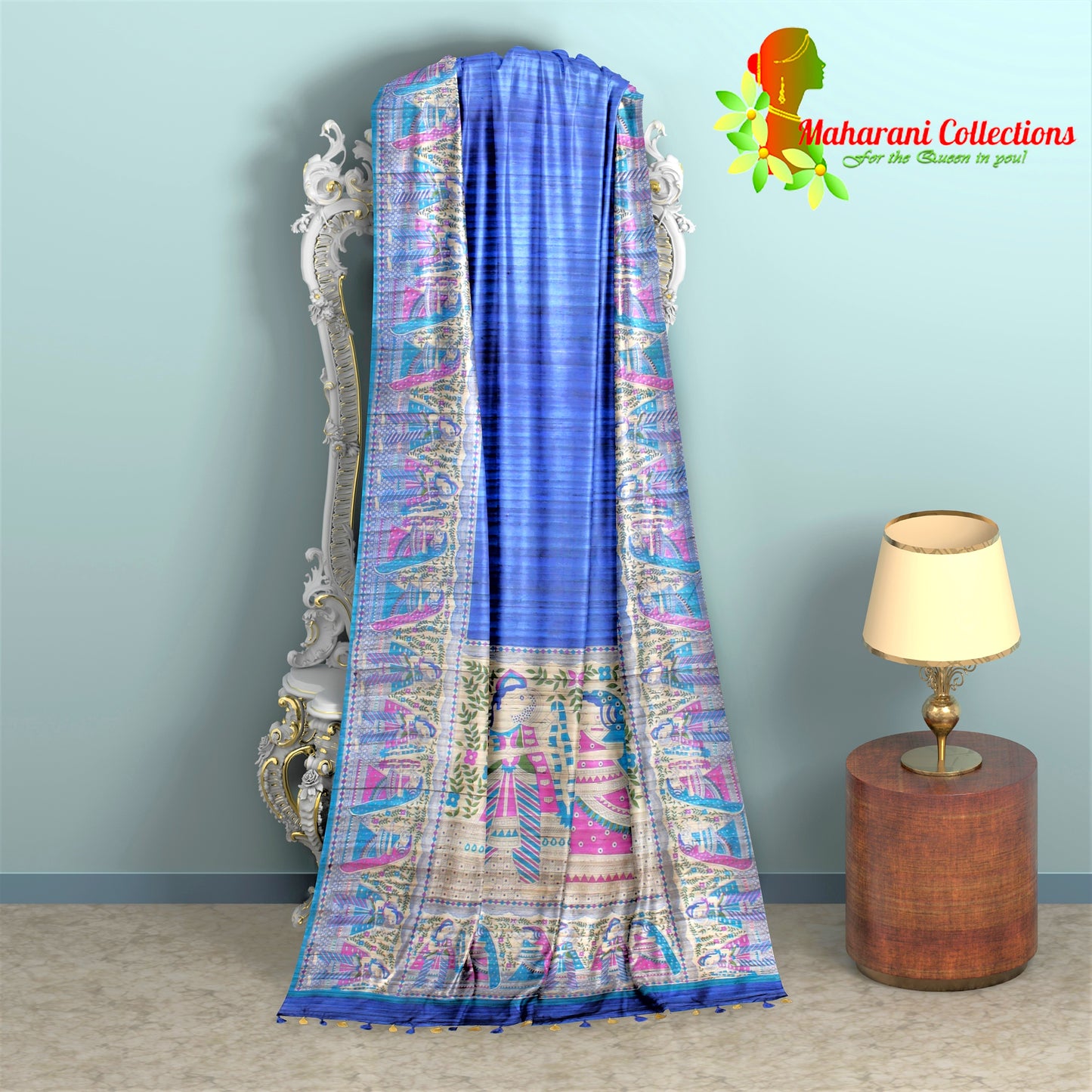 Pure Handloom Linen Silk (Matka) Saree - Madhubani Work (with stitched blouse and petticoat)