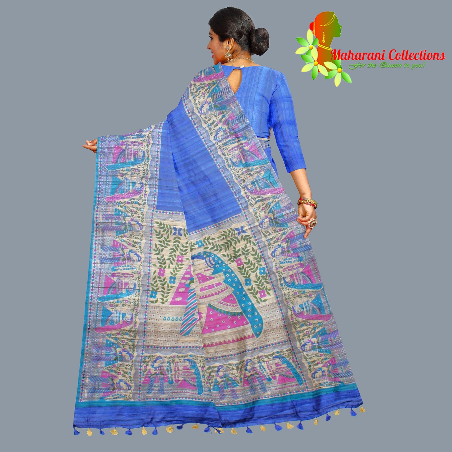 Pure Handloom Linen Silk (Matka) Saree - Madhubani Work (with stitched blouse and petticoat)