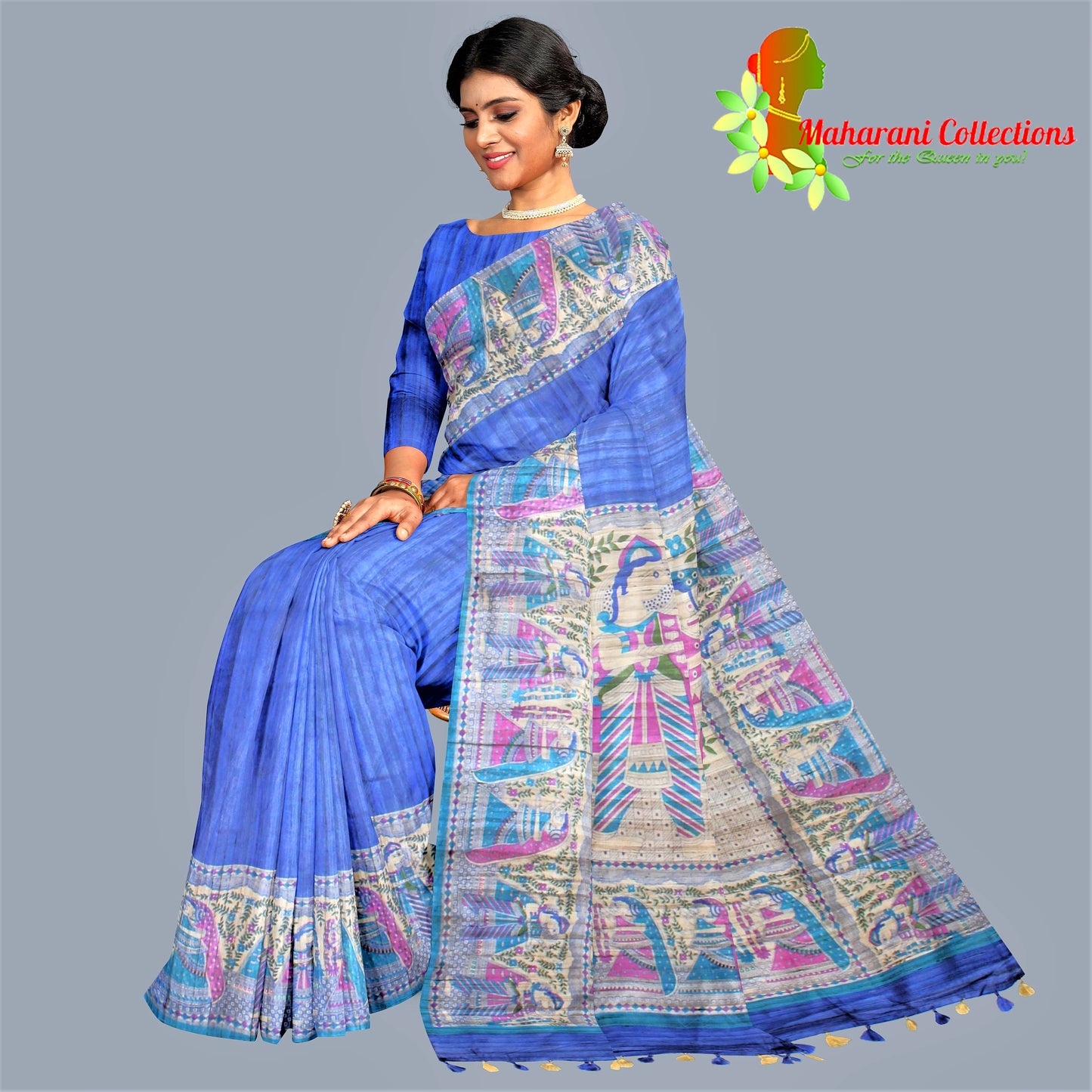 Pure Handloom Linen Silk (Matka) Saree - Madhubani Work (with stitched blouse and petticoat)