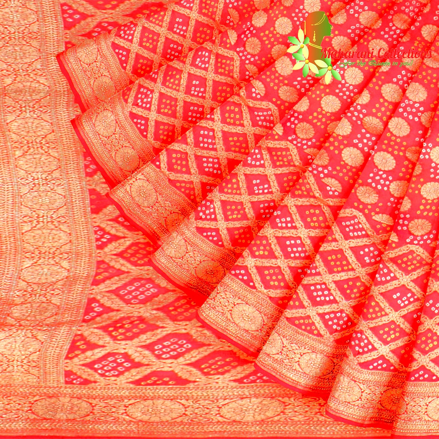 Maharani's Pure Banarasi Georgette Bandhej Saree - Red (with Stitched Blouse & Petticoat)