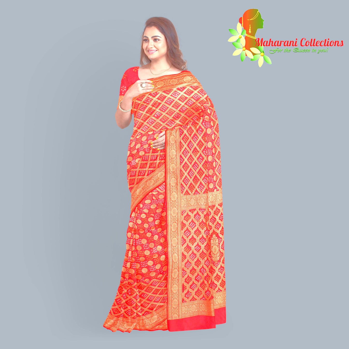 Maharani's Pure Banarasi Georgette Bandhej Saree - Red (with Stitched Blouse & Petticoat)