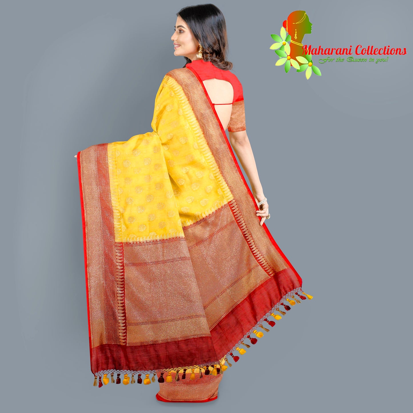 Maharani's Pure Banarasi Silk Saree - Yellow (with Stitched Blouse and Petticoat)