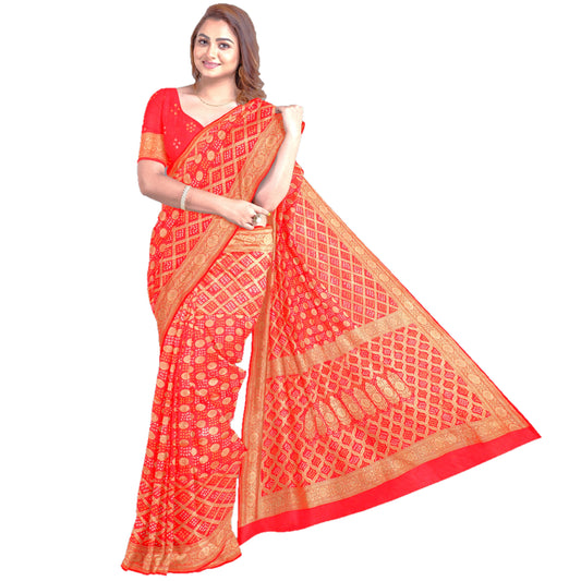 Maharani's Pure Banarasi Georgette Bandhej Saree - Red (with Stitched Blouse & Petticoat)