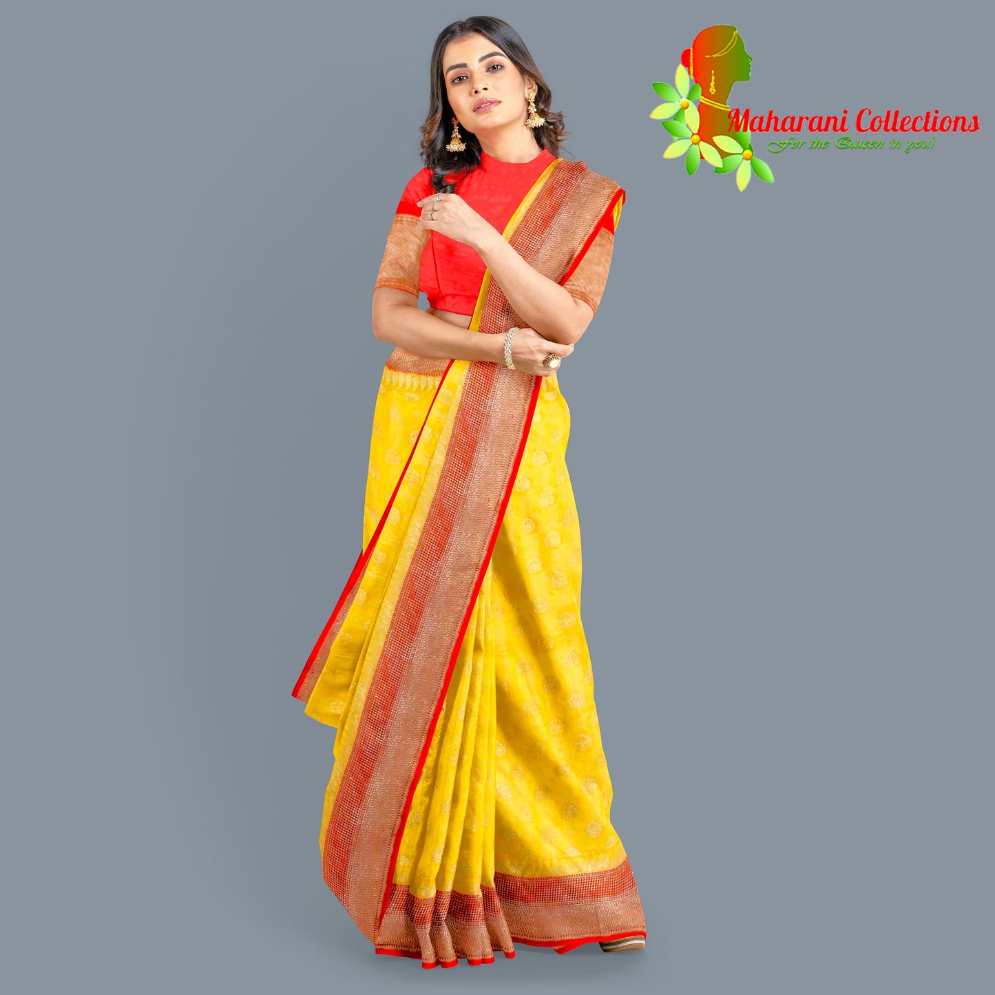 Maharani's Pure Banarasi Silk Saree - Yellow (with Stitched Blouse and Petticoat)
