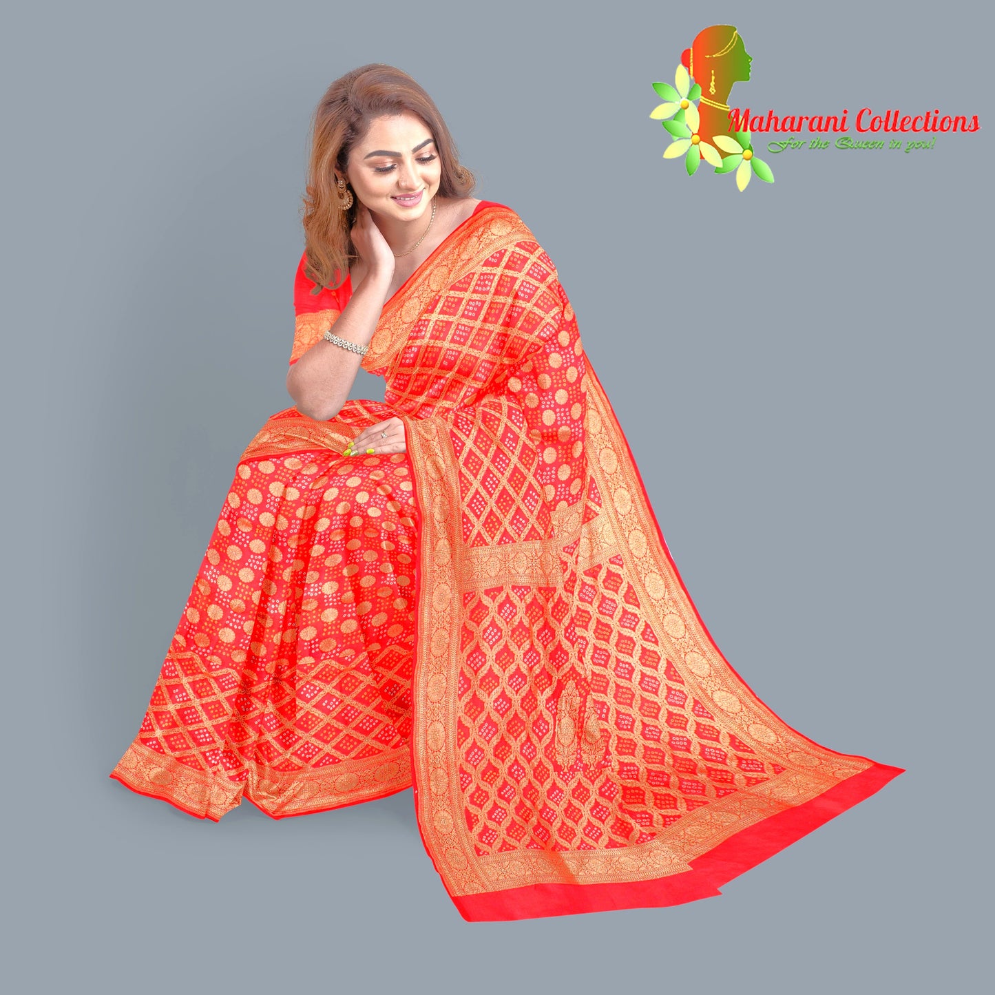 Maharani's Pure Banarasi Georgette Bandhej Saree - Red (with Stitched Blouse & Petticoat)
