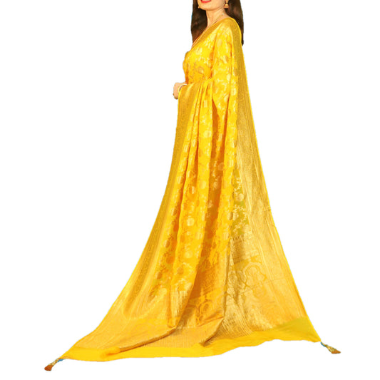 Maharani's Pure Banarasi Khaddi Georgette Saree - Yellow (with Stitched Blouse and Petticoat)