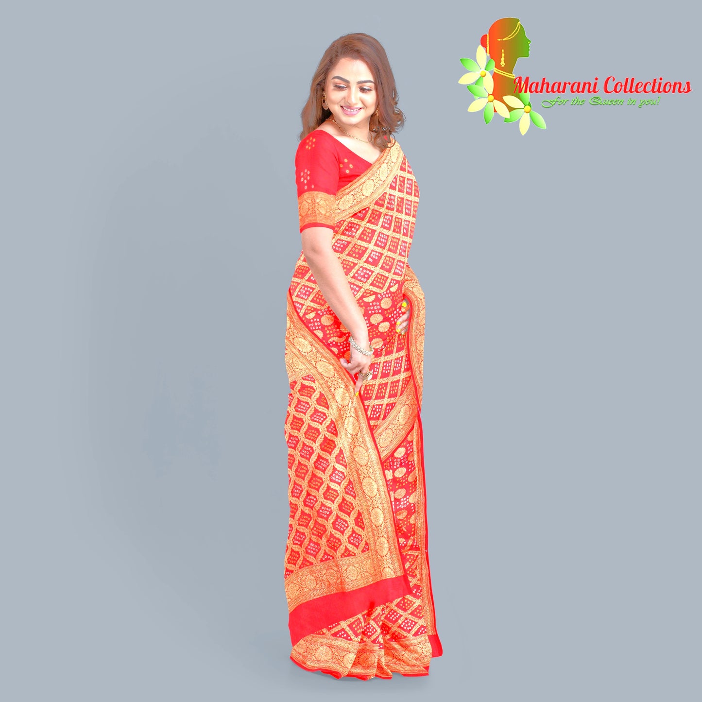 Maharani's Pure Banarasi Georgette Bandhej Saree - Red (with Stitched Blouse & Petticoat)