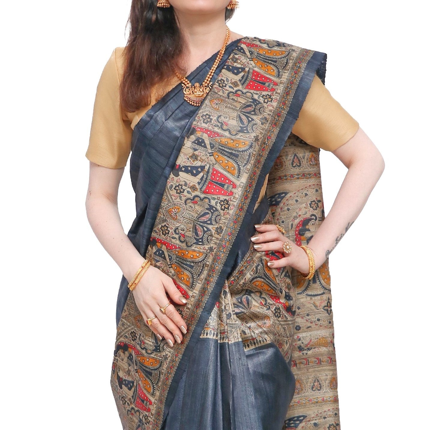 Pure Bhagalpur Tussar Silk Saree (Silk Mark) - Slate Blue with Madhubani Hand Painting